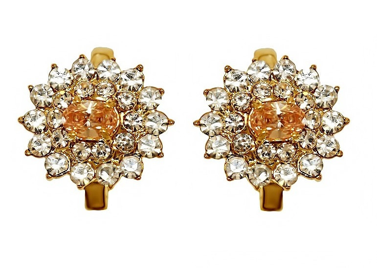Сережки Neoglory з італійською застібкою. Позолота. Камені: білий та помаранчевий циркон. Діаметр: 17 мм