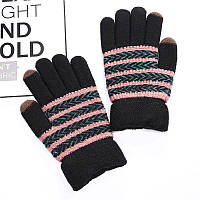 Зимние перчатки унисекс черные в розовую полоску