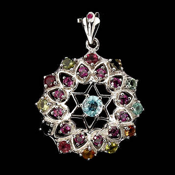 Кулон натуральний ТУРМАЛІН, Родоліт Гранат і Блакитний Циркон, срібло в білому золоті 14 каратів