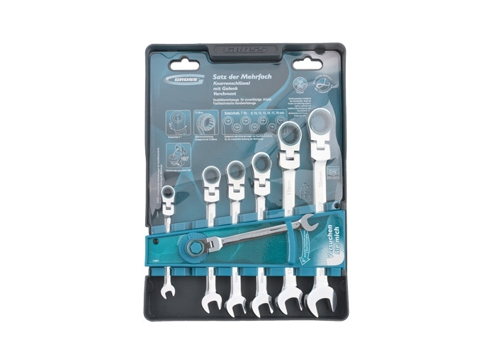 Набір ключів комбінованих з трещіткою, 8 - 19 мм, 7шт., шарнірні, CrV// GROSS