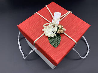 Коробка подарункова з квіточкою і ручками. Колір червоний. 13х13х13см.
