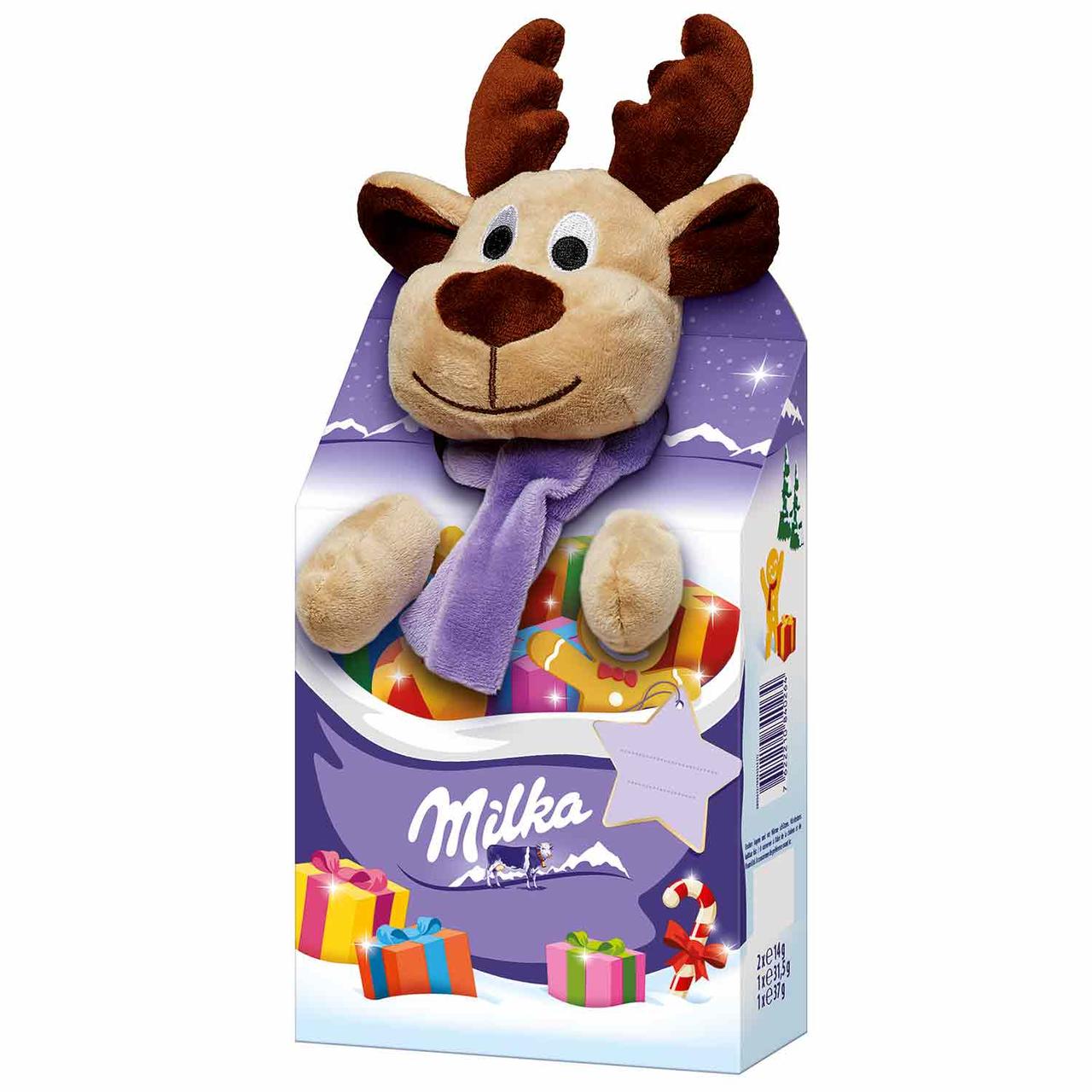 Новорічний подарунок дитині Milka Plüschtier Magic Mix Elch (м'яка іграшка з солодощами), 133 гр.