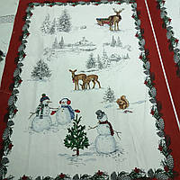 Льон полотняний новорічний з оленями та сніговиками, ширина 80 см
