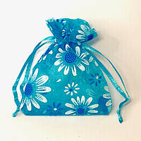 Мешочек голубой с набивным рисунком 8х10 см из органзы для упаковки, хранения украшений и подарков