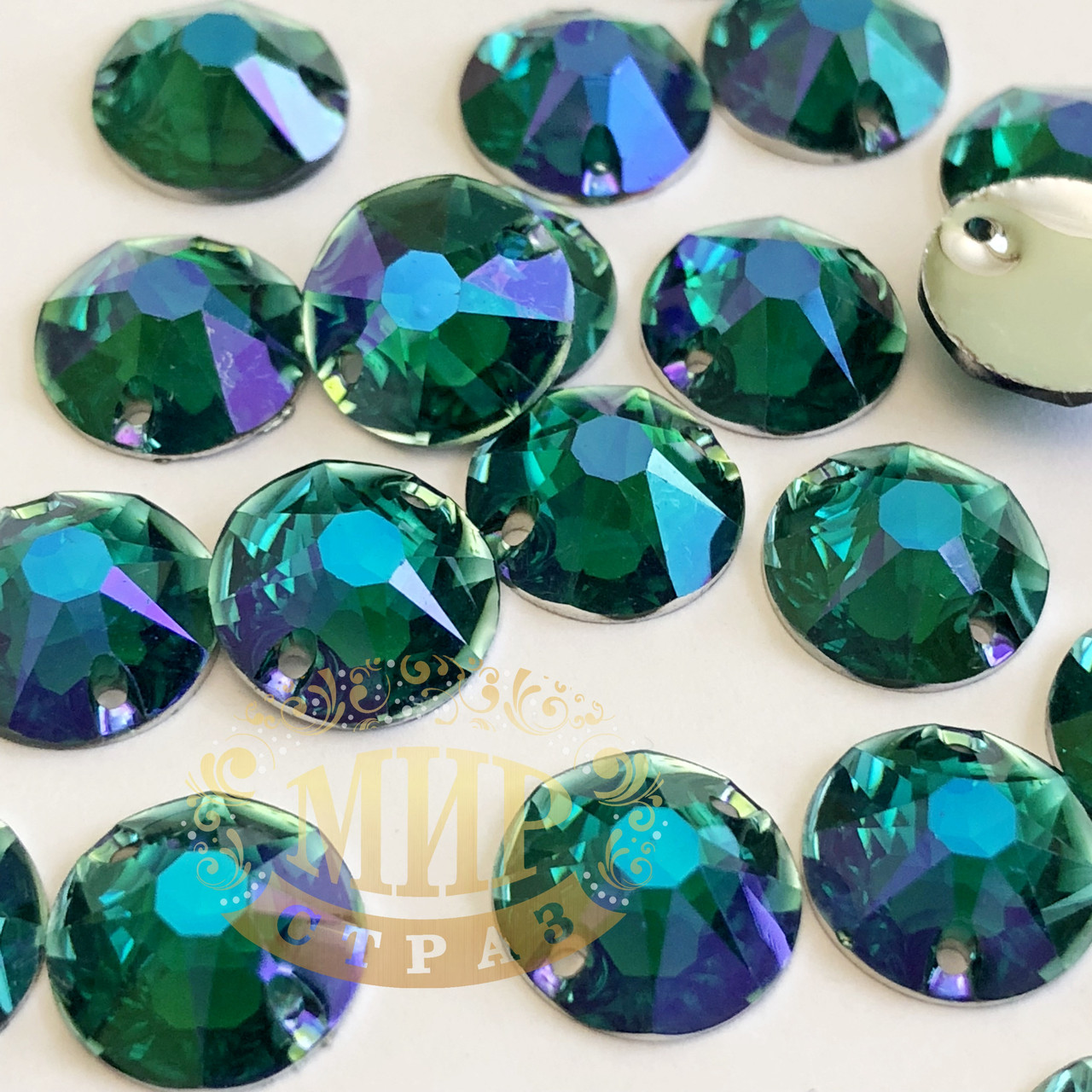Пришивные стразы Xirius 12мм, цвет Emerald AB, (синтетич.стекло), 1 шт - фото 1 - id-p813573138