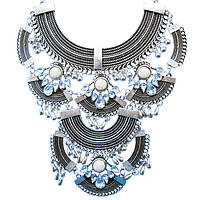 Нове Надходження: Кольє Східне Багатоярусне Металеве під Срібло зі Вставками Говлита і Стразами.