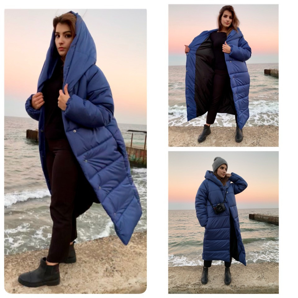 Пальто-пуховик ковдру зима OVERSIZE з капюшоном арт. 521 синій