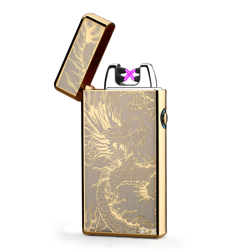 Электроимпульсная USB зажигалка золотая с гравировкой дракона с двойной .