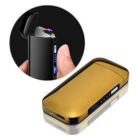 Електроімпульсна USB запальничка золота глянцева з подвійною електро дугою в подарунковій коробці