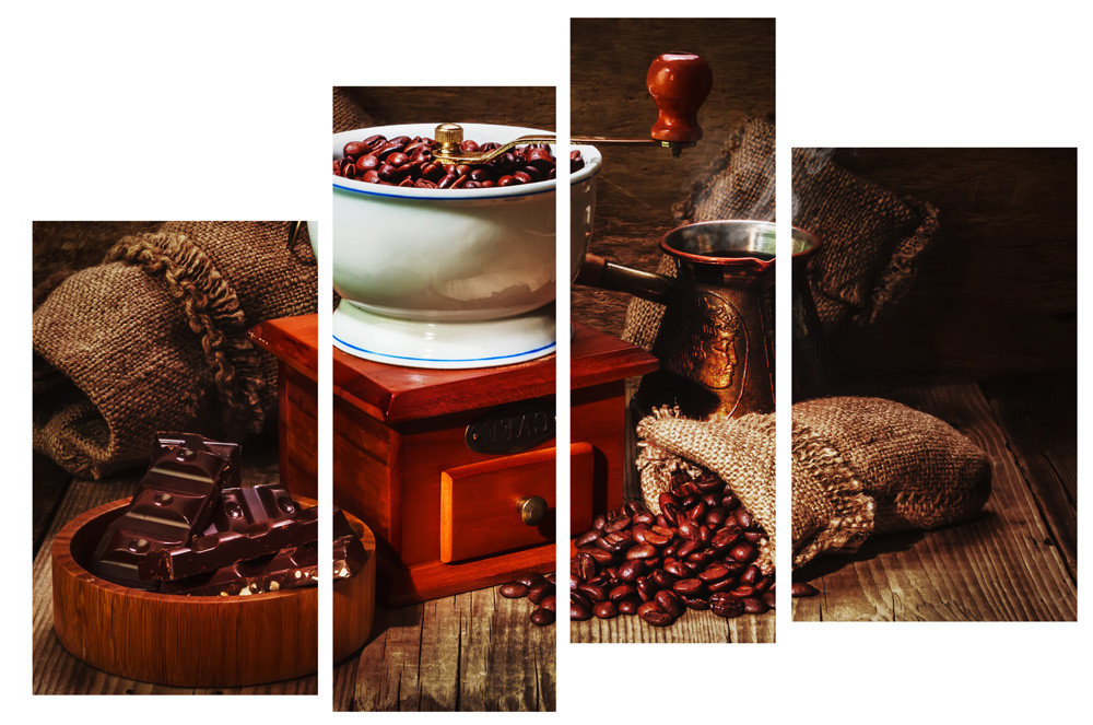 Модульна картина на полотні на стіну для інтер`єру/спальні/прихожої DK Приготування кави 112х75 см (M4-o721)