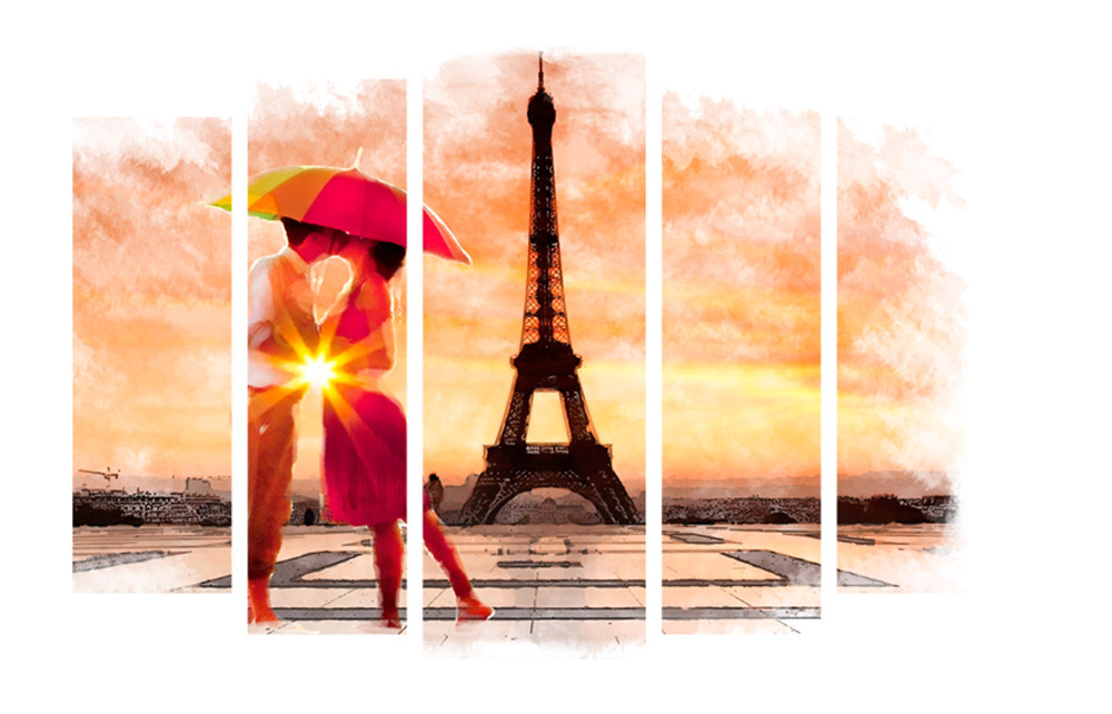 Модульна картина на полотні на стіну для інтер`єру/спальні/прихожої DK Поцілунок на фоні вежі 108х80 см (M5-513)