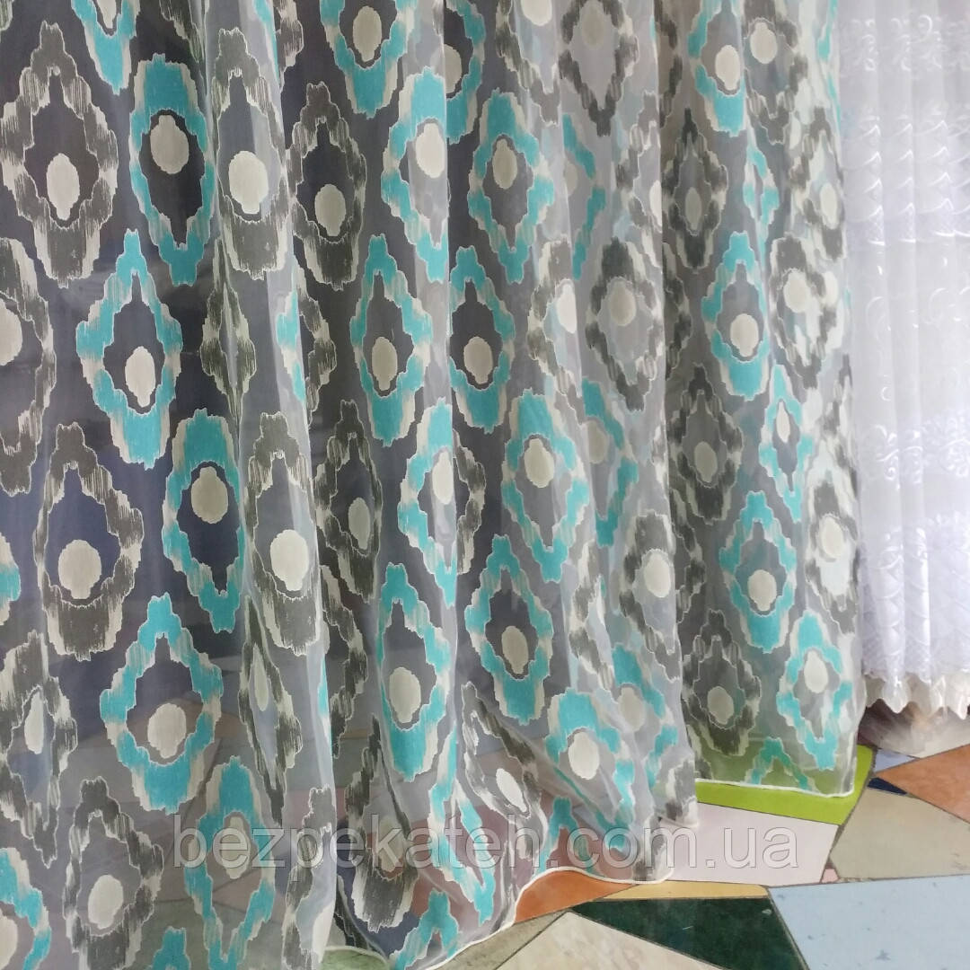 Тюль із геометричним малюнком. Красива сучасна тюль. Стильна бірюзова тюль. Тюль у зал. Тюль на кухню