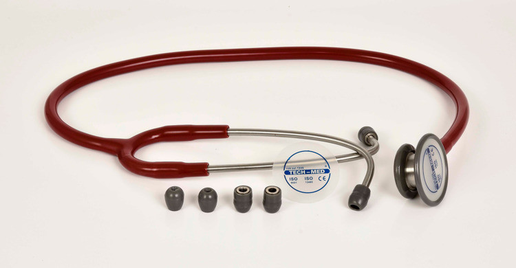 Стетоскоп TM-SF 502 терапевтичний, двосторонній для прослуховування тонів серця й легенів, КРАСНИЙ, TECH-MED