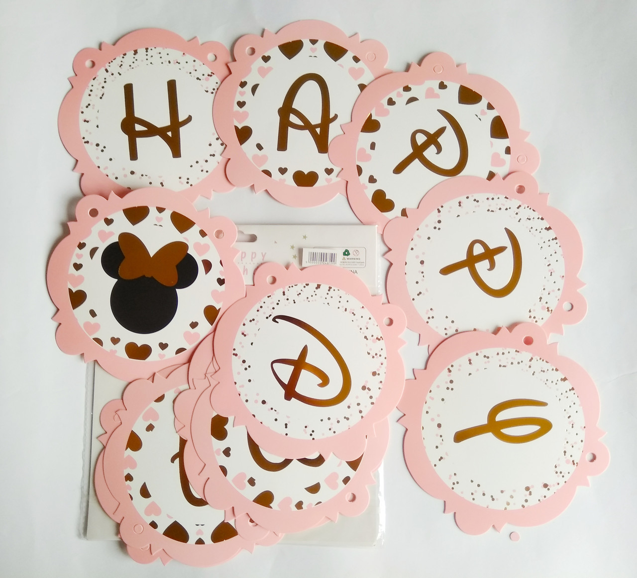 Гірлянда паперова "Happy Birthday" рожева Мінні Маус