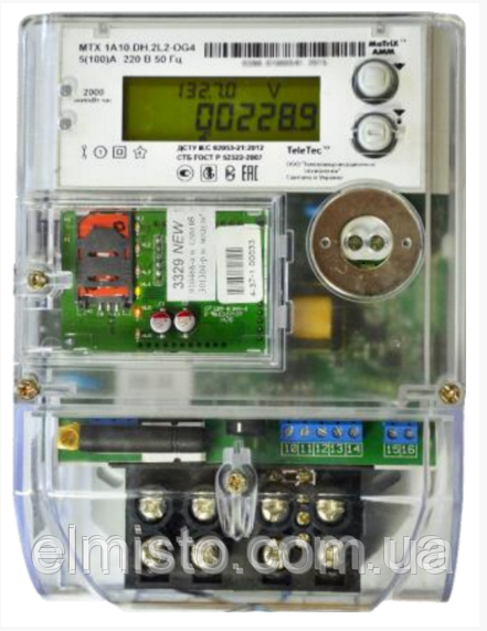 Лічильник MTX 1G10.DH.2L2-OGD4 день-ніч, GSM/GPRS-модем, A±, 220 В 5-100 А, реле вмик/відкл наг., зелений тариф