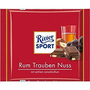 Шоколад Ritter Sport Rum Trauben Nuss (Риттер Спорт з ромом, родзинками та фундуком), 100 г