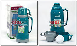 Термос 1,8 л пластиковий зі скляною колбою (колір — бірюзовий) + 2 чашки Kamille KM-2024-2