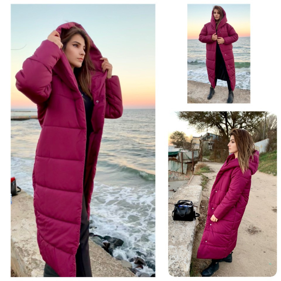 Пальто пуховик ковдра зима OVERSIZE з капюшоном арт. 521 марсала