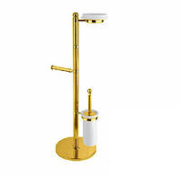 Золотая стойка в ванную с ёршиком и держателем туалетной бумаги Bugnatese Olimpia F22