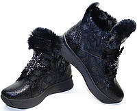 Черные кроссовки сникерсы с мехом - кожаные кроссовки зимние женские Kluchini-3843-k-310-319