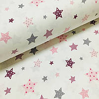 Ткань поплин звезды розово-бордовые на белом,W (ТУРЦИЯ шир. 2,4 м) R-W-0183