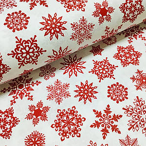 Тканина поплін червоні сніжинки на білому (ТУРЦІЯ шир. 2,4 м) (R-FR-0195)