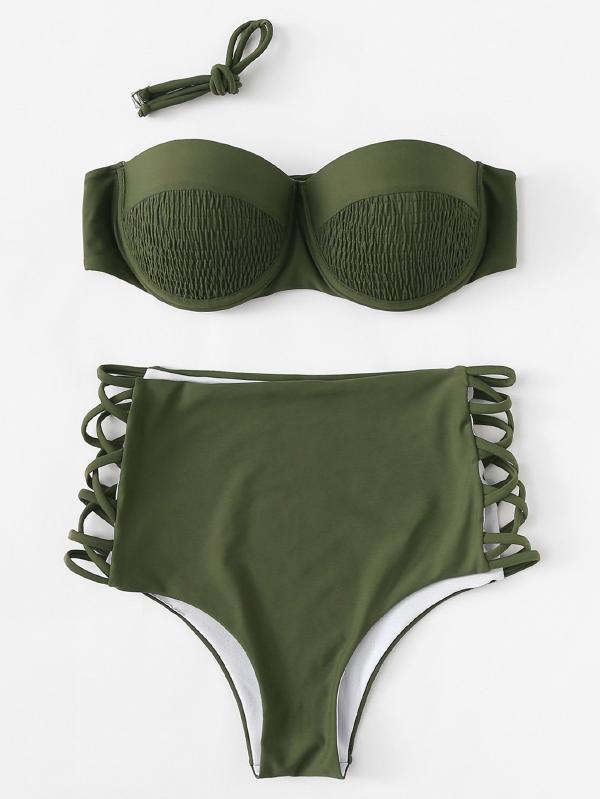 Модний жіночий роздільний купальник з високою талією кольору хакі, фото 1