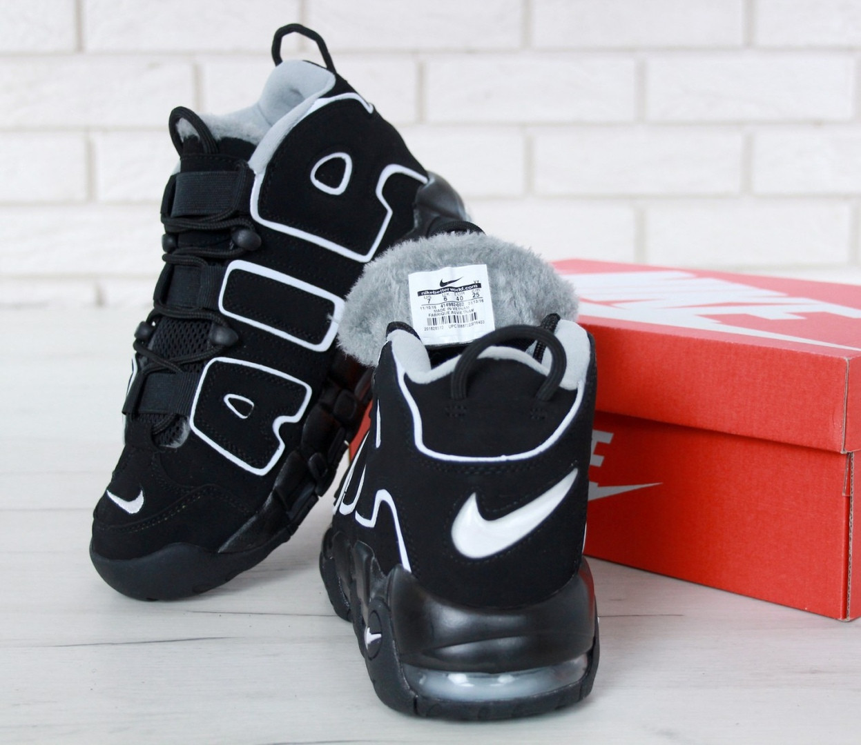 Чоловічі жіночі зимові кросівки Nike Air More Uptempo Winter взуття Найк Аїр Аптемпо з хутром чорні замшеві