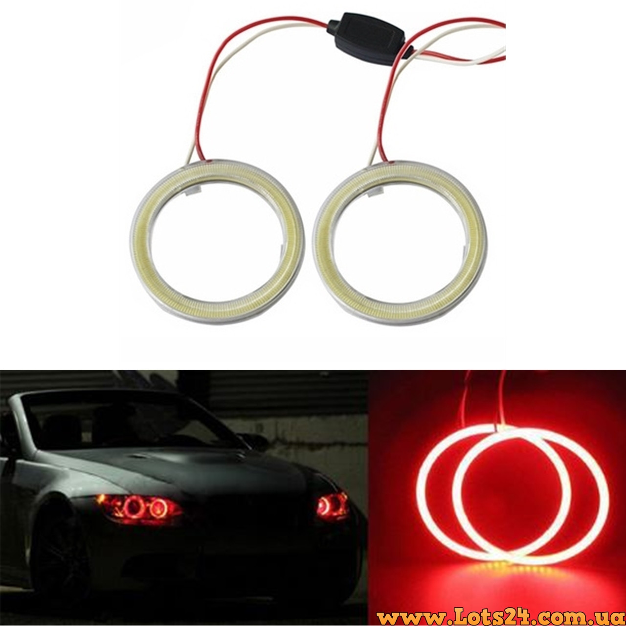 Ангельські очі 70 мм червоні на фари БМВ ВАЗ Мазда Форд Шевроле Кіа Нісан Опель УАЗ Рено Шкода BMW COB LED, фото 1