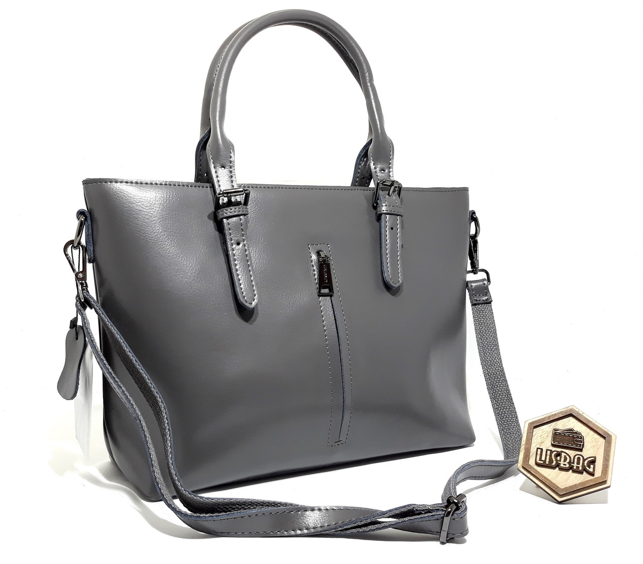 Велика класна жіноча сумка Galanty з натуральної шкіри класичного дизайну Сірого кольору