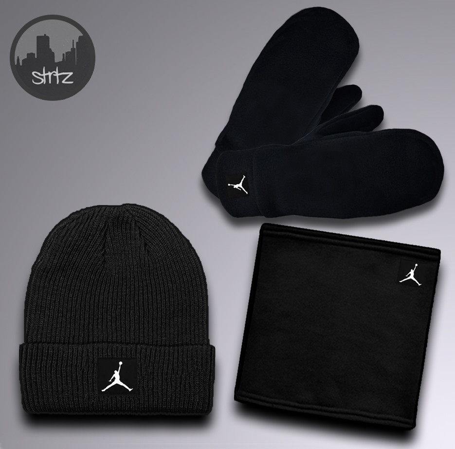 Чоловічий комплект шапка + бафф + рукавички Jordan чорного кольору (люкс)