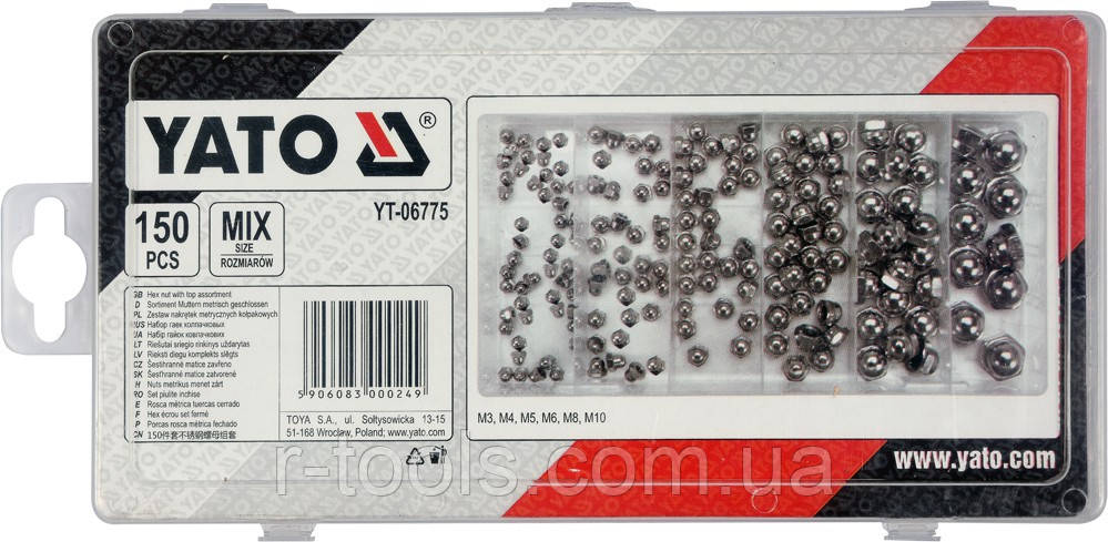 Гайки закриті півсфера м3-м10 набір у пластиковій коробці 150 штук Yato YT-06775