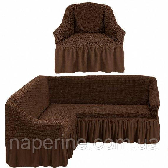 Чехол натяжной с рюшем на угловой диван в подарок чехол на кресло MILANO шоколадный - фото 2 - id-p359190188
