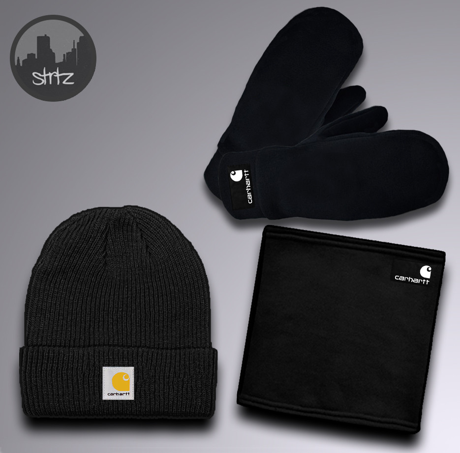 Чоловічий комплект шапка + бафф + рукавички Carhartt чорного кольору (люкс)
