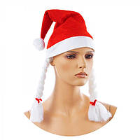 Топ! Необычная шапка Деда Мороза Красная с Косичками, Колпак Снегурочки косы
