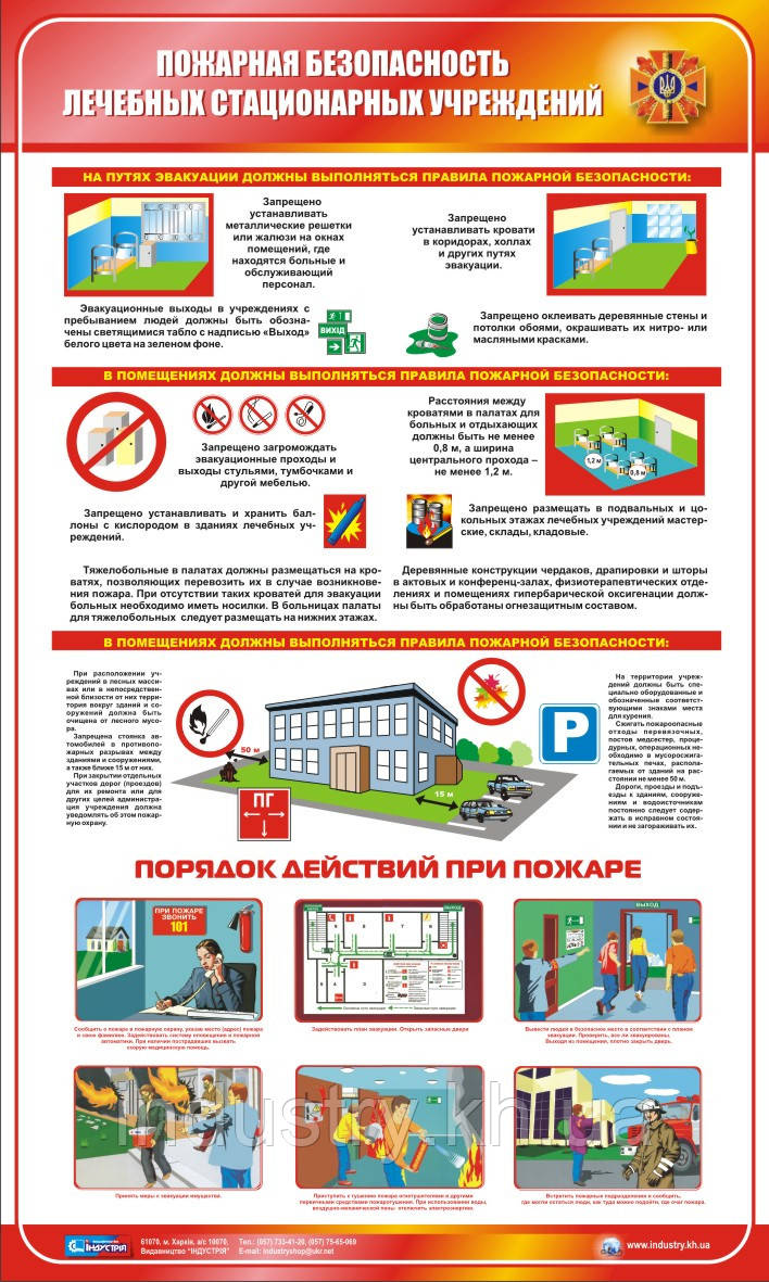 Стенд. Пожарная безопасность лечебных стационарных учреждений. (Рус.) 0,6х1,0. Пластик