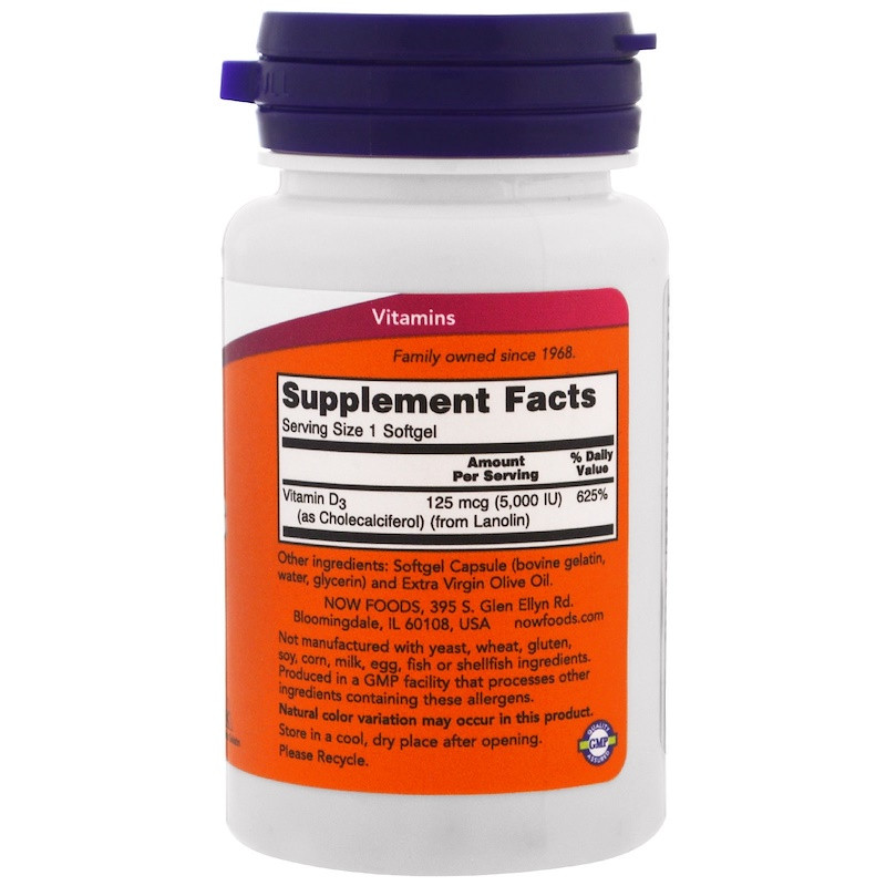 NOW Foods Vitamin D-3 High Potency 5,000 IU 120 Softgels - фото 2 - id-p819080021