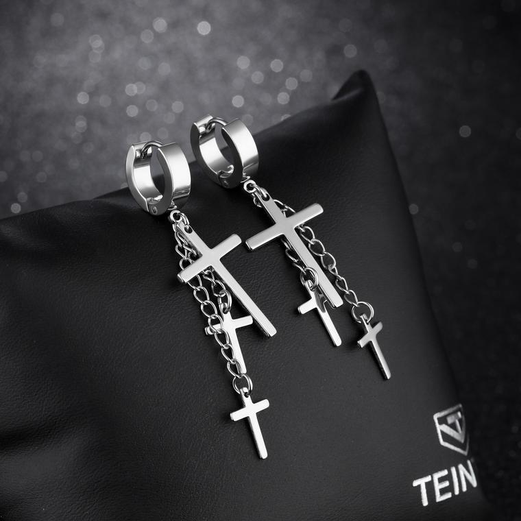 Сережки жіночі сталеві з хрестами на ланцюжках