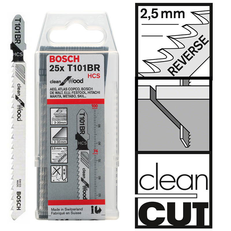 Пилка для лобзика Bosch T 101 BR, HCS 25 шт/упак. (ОРИГІНАЛ) зворотний зуб, по дереву, ламінату, стільниць