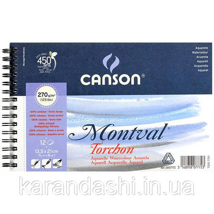 'Альбом для акварели Canson Montval Torchon 270г/кв.м, 13*21см 12 л, Целлюлоза крупное зерно, спираль 0807-772, фото 2