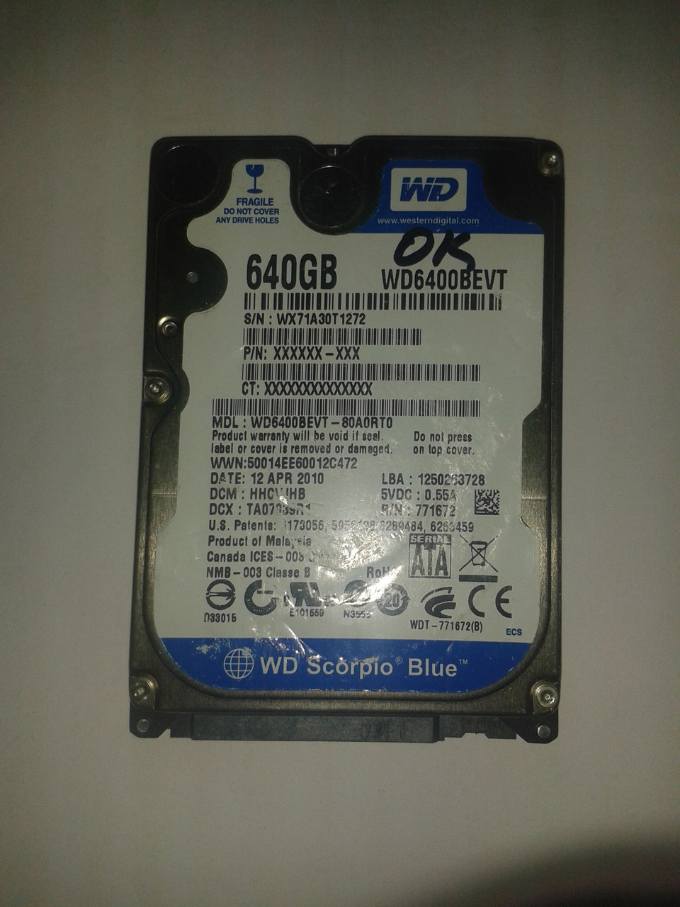 Жесткий диск Western Digital 640GB 5400rpm 8MB WD6400BEVT SATAII, 2.5" б/у - фото 1 - id-p69778949