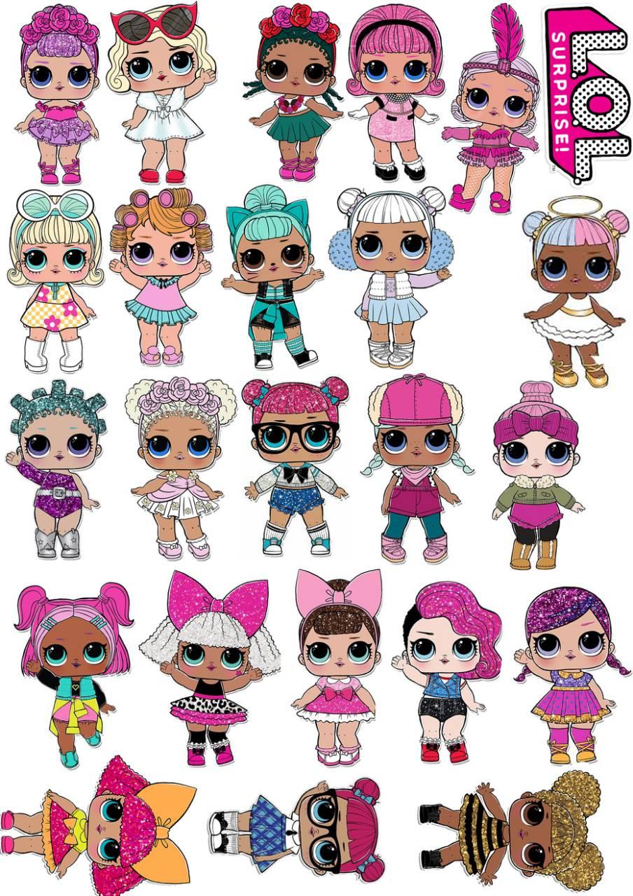 Вафельная картинка на торт "Куклы ЛОЛ/LOL" А4- Куклы ЛОЛ/LOL 24 элемента, На листе А4 напечатаны 24 куколки для топперов, 24