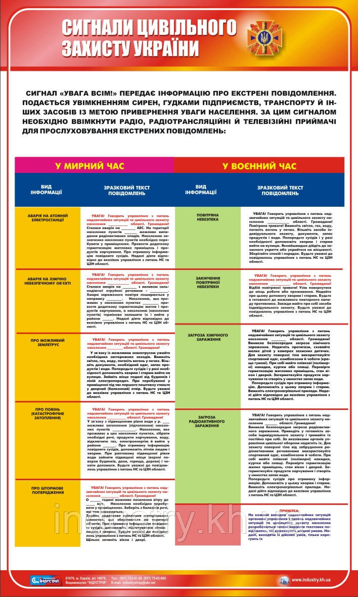 Стенд. Сигнали цивільної оборони України. 0,6х1,0. Пластик
