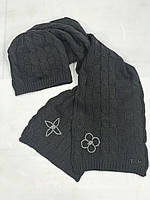 Комплект женский шапка шарф серый трикотажный вязанный