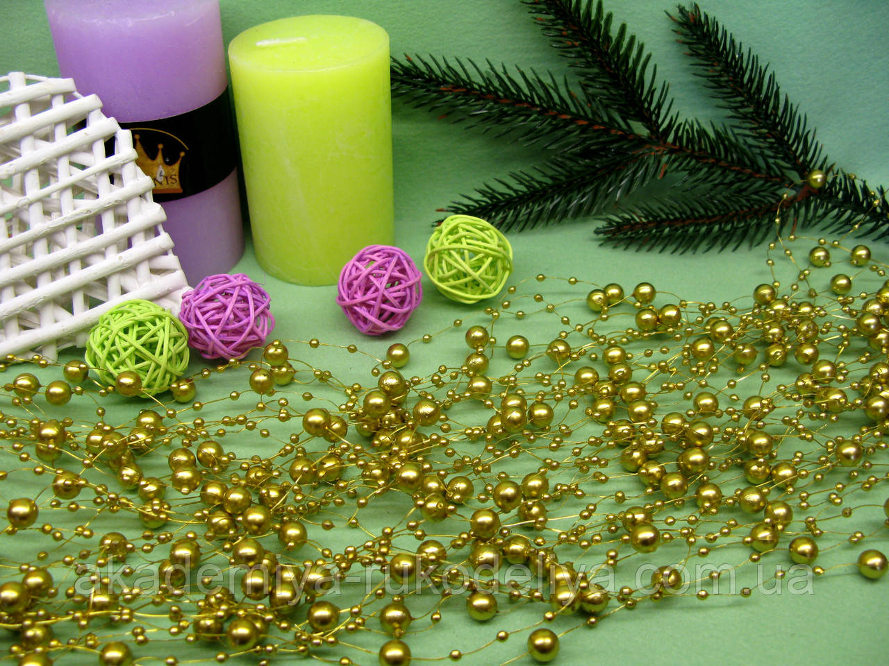 Намистини на нитці золоті 3 і 8 мм - нитка 150 см, фото 1