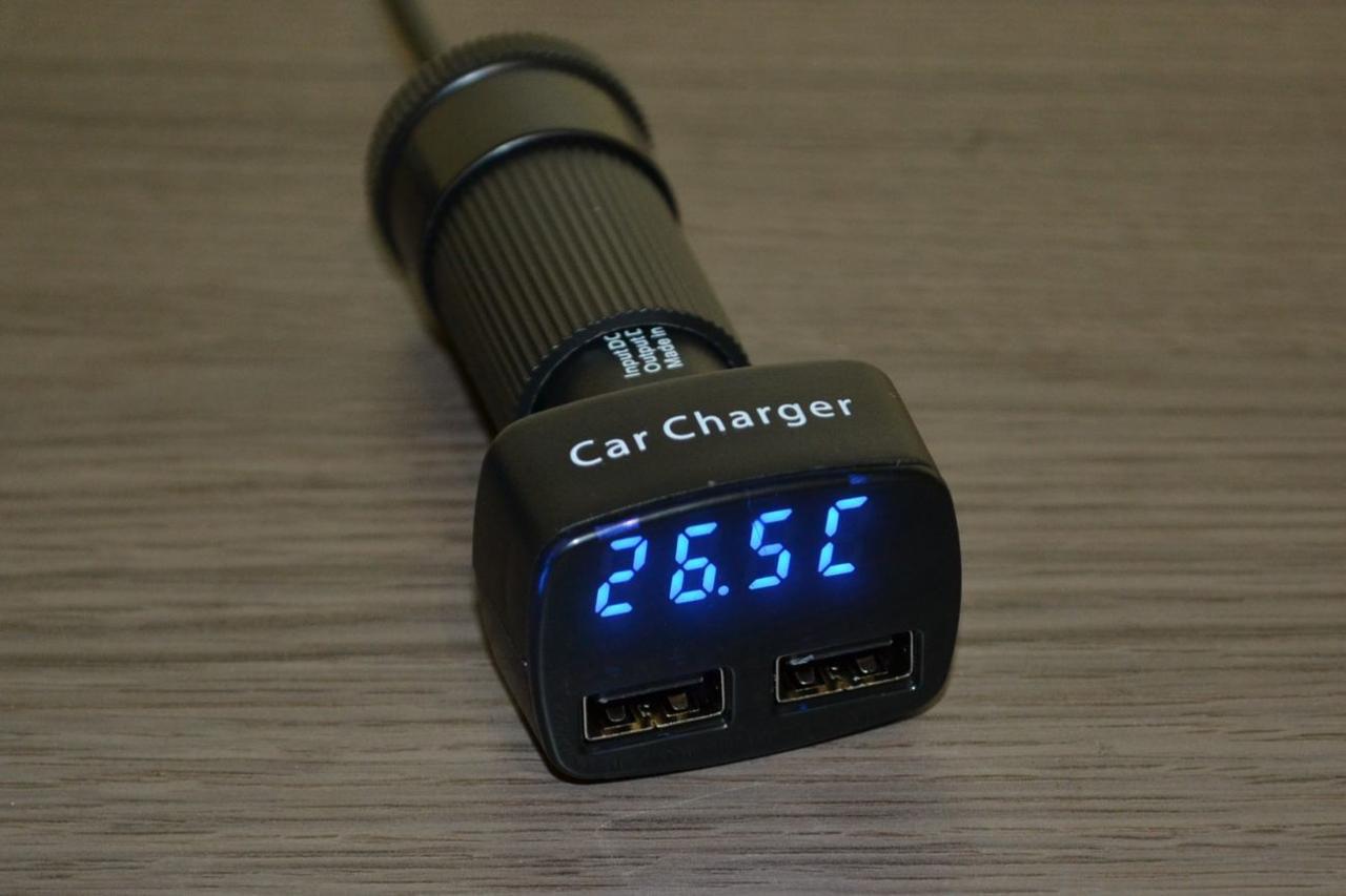 4 в 1 Цифровий авто термометр із вольтметром на 2 Usb-порти, фото 1