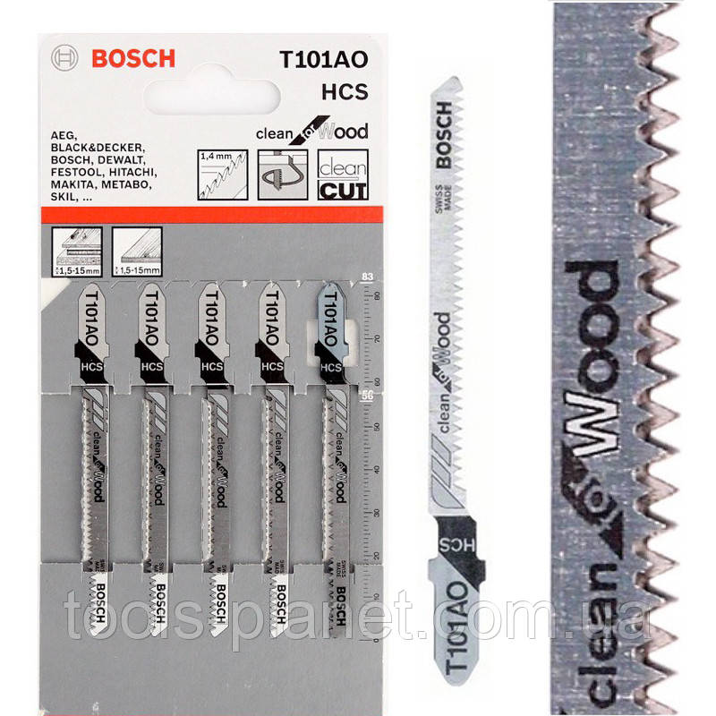 Пилка для лобзика Bosch T 101 AO, HCS 5 шт/упак. (ОРИГІНАЛ) по дереву, ламінату, фігурний різ
