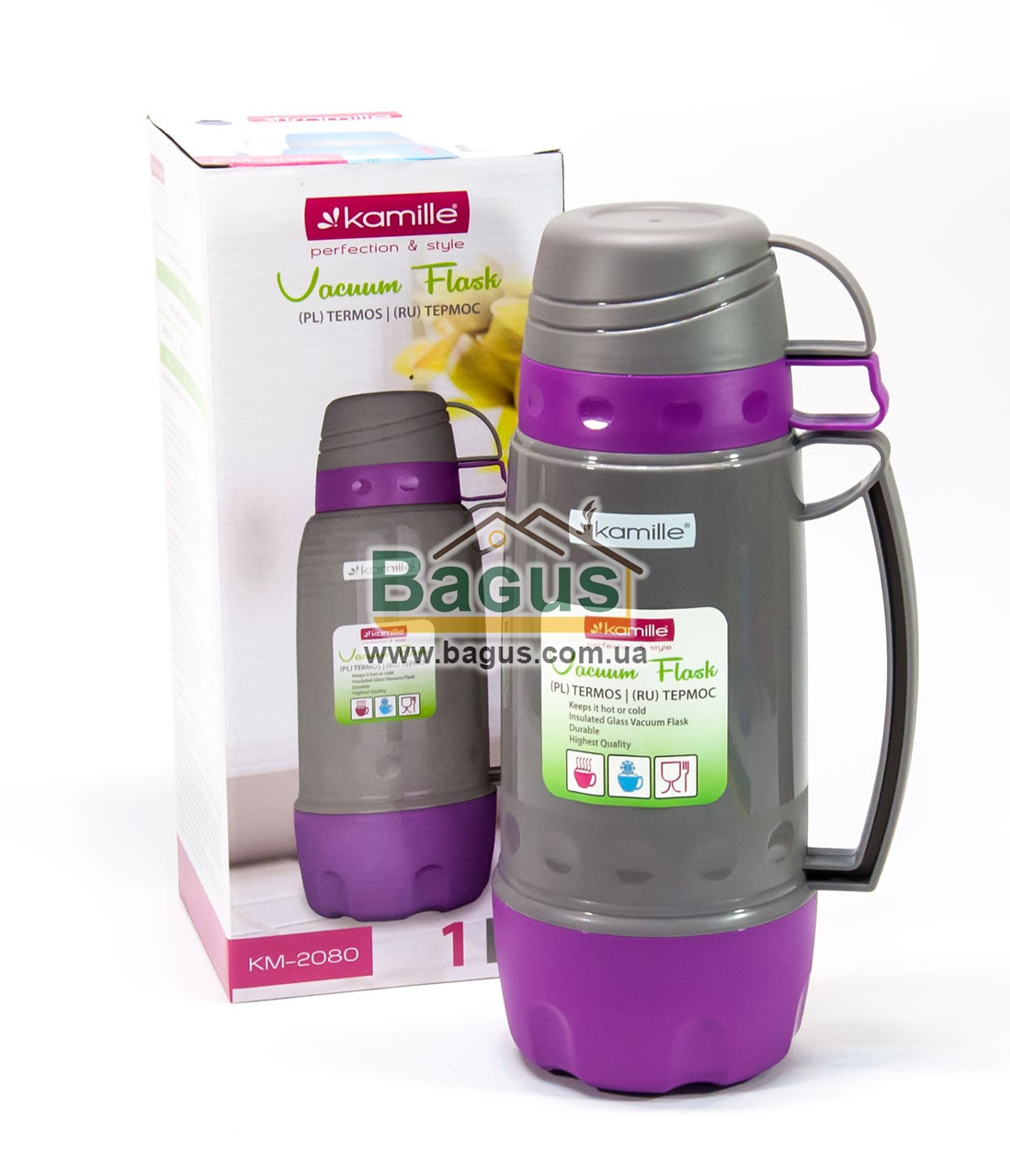 Термос 1 л пластиковий зі скляною колбою (сірий +бузковий), дві чашки в кришці, одна в дні Kamille KM-2080-3