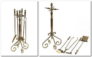 Кований камінний набір із позолотою квадратний переріз (підставка, кочерга, совок, щітка, щипці) FM-0039