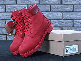 Жіночі черевики Timberland Classic червоного кольору на вовняному хутрі (Червоні черевики Тімберленд)